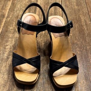 Swedish Hasbeens Black Crisscross Slingback Wedge Sandals